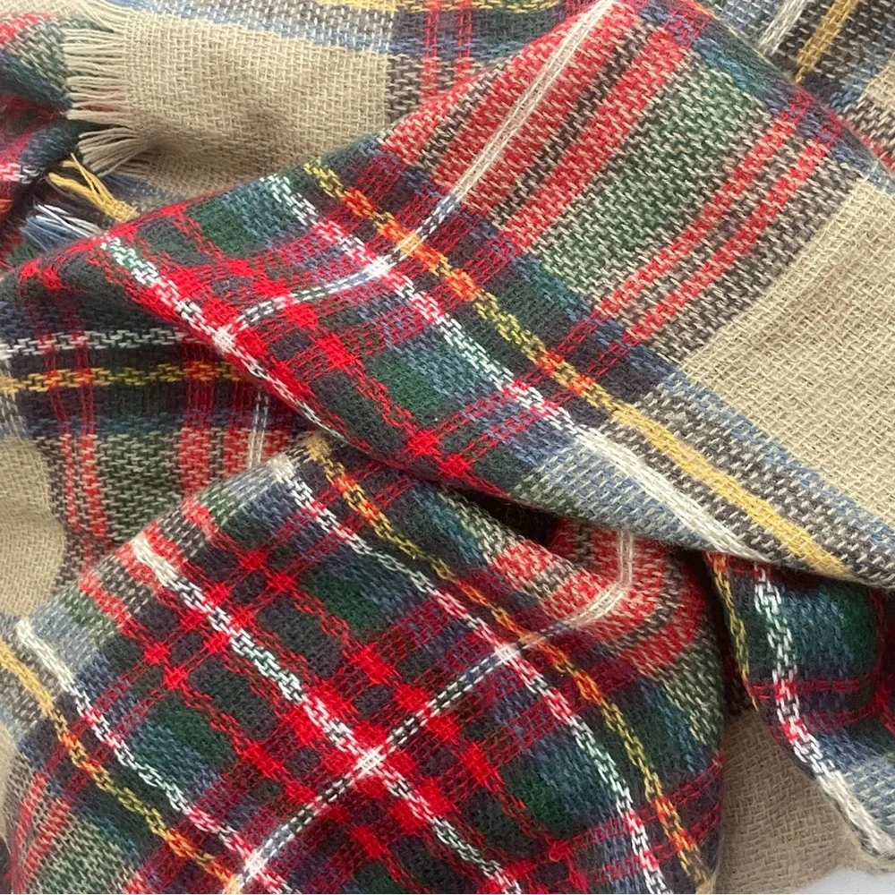 Vintage plaid multicolor blanket scarf fringe detailing perfect for Fall Winter